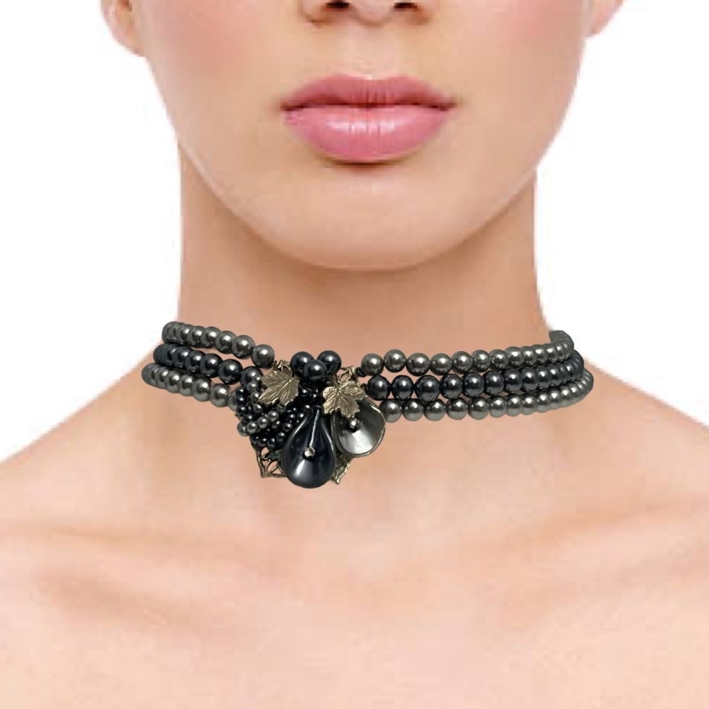 Vintage Gray & Silver Pearl 3 Strand Choker w/Filigree Grape Leaves Pendant